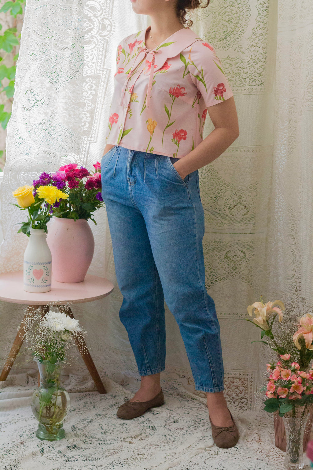 Blusa de Algodón con Cuello Mariposa
