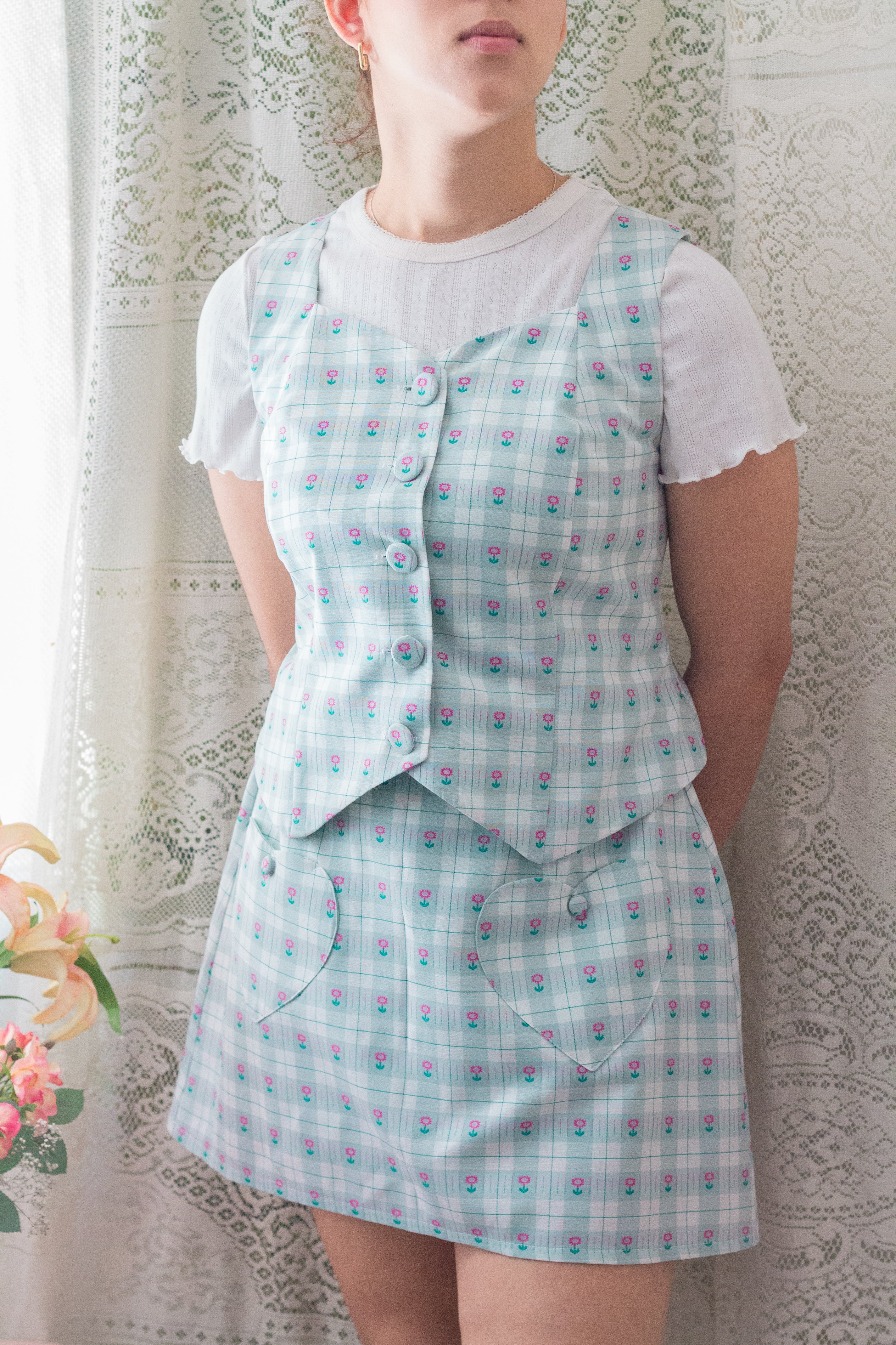 Vest sastre largo con escote corazón Menta cuadros